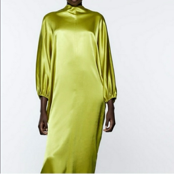 Zara Green Satin 3/4 Dolman Sleeve Tapered Back Tie V Line High Neck Dress  NWT